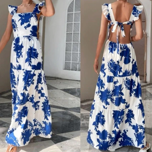 Boho floral print cutout open back maxi dress - Picture 1 of 5
